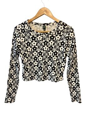 Wild Fable Black & White Floral Checker Daisy Long-Sleeve Crop Top Women size XL